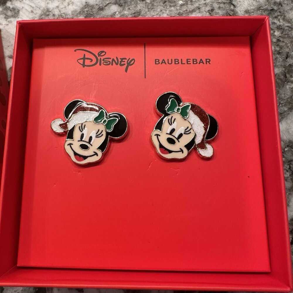 Disney X Baublebar Minnie Mouse Christmas Bow Red Sparkly Santa Hat Earrings New - Picture 2 of 5